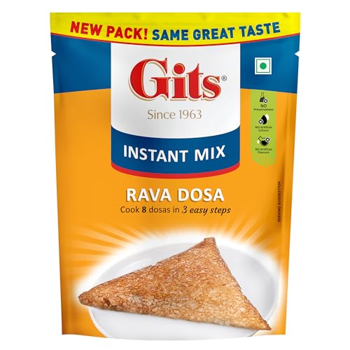 Image of Gits Instant Rava Dosa Breakfast Mix, Makes 8 per Pack, Pure Veg, South Indian Recipe, 800g (Pack of 4, 200g Each)