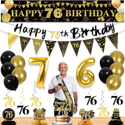 Image of 76th Birthday Decorations for Men, Black Gold 76th Party Decoration Kits