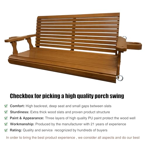 Fortune Candy PSX001 Wooden Porch Swing 2-Seater, Bench Swing With Cupholders, Hanging Chains And 7Mm Springs, Heavy Duty 880 Lbs, For Outdoor Patio Garden Yard, Cedar Tone thumb #3