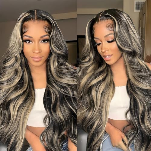 Image of MUZOJET 1B /27 Highlight Ombre Balayage 13x6 Lace Front Wigs Human Hair Black and Blonde HD Transparent Lace Front Wig Human Hair Pre Plucked with Baby Hair for Black Women 180% Density 26 Inch