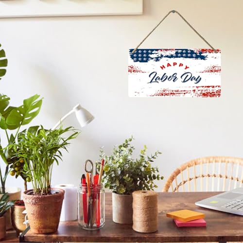 Happy Labor Day Wooden Hanging Sign American Flag Wooden Plaque Sign for Men Women Home Office Wall Art Window Decor 12x6 Inch - Image 5