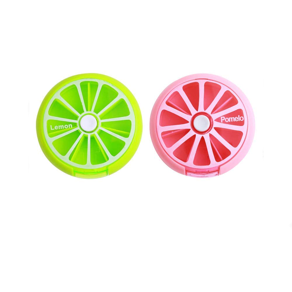 Pastillero Organizador semanal de 7 días con rotación de botones, pastillero de 7 rejillas con diseño a prueba de humedad, rosa y verde