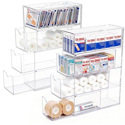 COZFUR 2 Pack Bandage Organizer with Lid Acrylic Bandaid Holder with 4 Clear Drawers Band Aid Storage Container for Home Office Drawer Cabinet