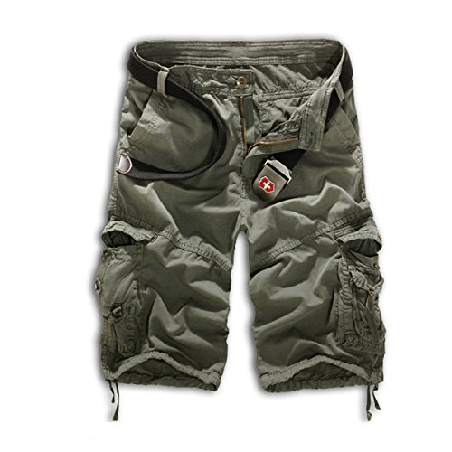 Leward Mens Casual Slim Fit Cotton Solid Multi-Pocket Cargo Camouflage Shorts (34, Olive Green)