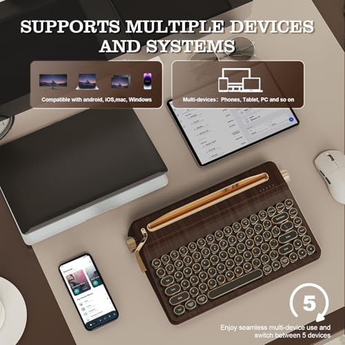 Image of YUNZII QL75 Wireless Typewriter Hot Swap Retro Mechanical Keyboard,Punk Round Keycaps,RGB Backlit QMK /VIA Programmable, Multi-Device Keyboard with 2.4GHz /Type-C /BT5.0 (Wood, Cocoa Cream V2 Switch)