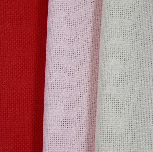 Image of KCS 3 pc of 15 inch x 18 inch(38cmx45cm) Counted Cross Stitch Cotton Aida Cloth Needlework Rolled Fabric Box,16CT,Pink+Red+Pearl Grey