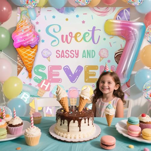 Image of Sweet Sassy and Seven Birthday Backdrop 7th Birthday Decorations for Girls | Sweet Sassy and 7 Birthday Decorations 7 Year Old Girl Birthday Decorations Ice Cream Banner 7 Balloons Party Supplies