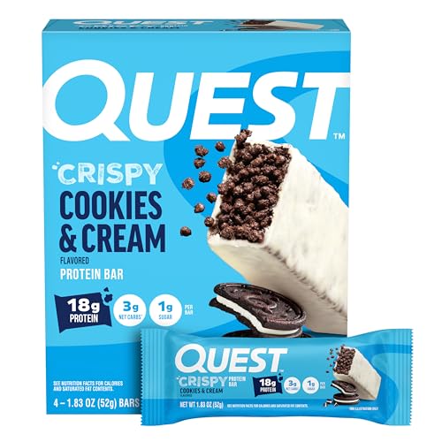 Image of Quest Nutrition Crispy Cookies & Cream Hero Protein Bar, 18g Protein, 1g Sugar, 3g Net Carb, Gluten Free, Protein Snack, Keto Friendly, 4 Count