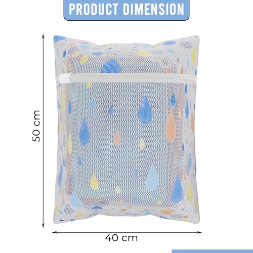 Image of Kuber Industries Set of 6 Polyester Mesh Laundry Bag with Zip | Reusable Washing Bags for Washing Machine | Ideal for Delicate Fabrics, Lingerie & Shoes Protection | YZ-8-2 | Drop Print - White