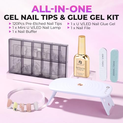Image of UNA GELLA Short Square Gel Tips Nail Kit, Pre-Etched Nail Tips 120PCS