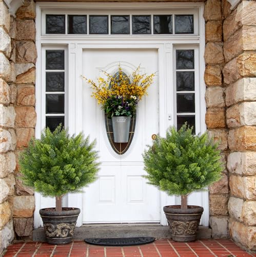 Image of 2 Pack Artificial Cedar Topiary Ball Trees 24 inch UV Resistant Outdoor Decor