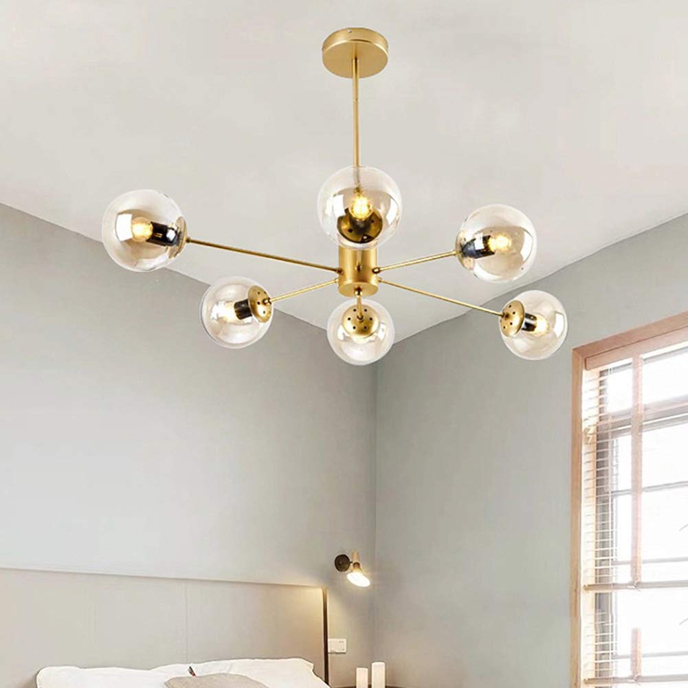 Sputnik Szklany Glob Żyrandol Mid-Century Vintage Industrial Light Vintage Kute Żelazo Sypialnia Salon-Złoto. 6-głowicowe baterie domowe