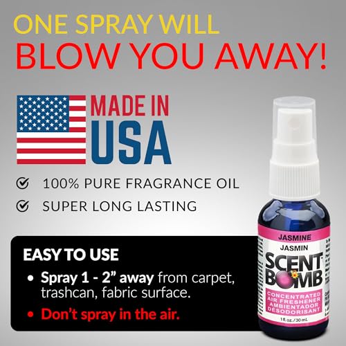 Image of Scent Bomb Air Freshener Spray, Long-Lasting Odor Eliminator - Effective Deodorizer for Home & Car, Fresh Room Spray for Kitchen, Bathroom & Smell Neutralizer - 1 oz Pack of 4, Jasmine Scent