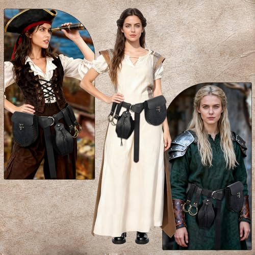 Image of Renaissance Pirate Belt Pouch with Coin Purse Skirt Hike Set | Medieval Viking Pirate Belt Pouch for Halloween Cosplay Ren Faire Accessories,Black.