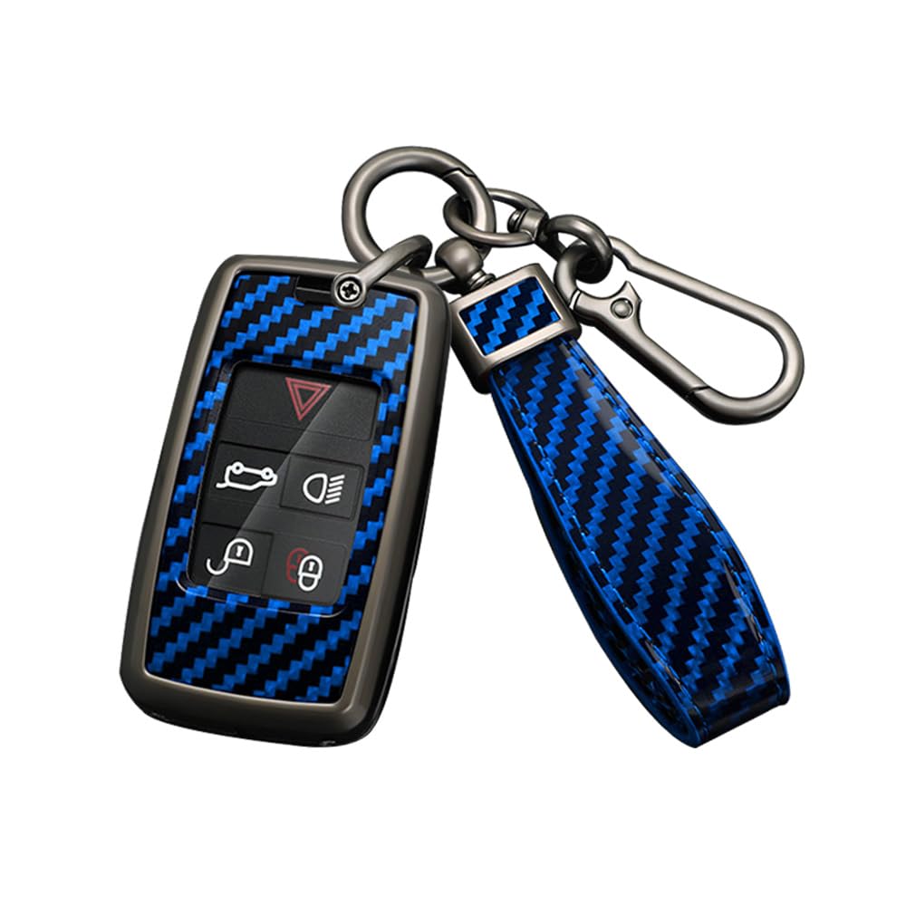 HIBEYO Custodia Pelle Per Chiave Auto Land Rover E Jaguar - Blu - Protezione In Pelle Bovina Naturale Con Portachiavi - Compatibile Con Range Rover Sport, Evoque, Discovery 4, Freelander 2
