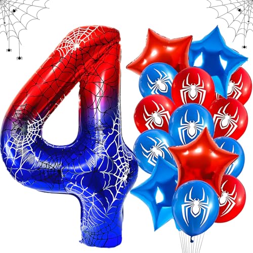 Spider Ballon 4 Ans Anniversaire Numero 4 Ballon Étoile, 15 Pièces Spider Ballons en Aluminium en Forme d'Étoile, Helium Ballons en Latex pour Halloween,...