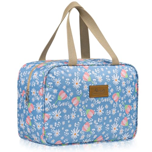Aucuu Neceser Mujeres, Neceser de Viaje, Bolsa de Cosméticos Impermeable, Bolsa de Maquillaje Portátiles, Bolsa Aseo señora, para Uso Diario Viaje-Flores Azul Claro