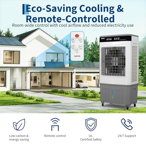 Image of Garvee Air Cooler 3000 CFM Evaporative Air Cooler with 8.4Gal Water Tank, 4 Ice Packs, 3-Speed, 120 Oscillation, Remote Control and 12H Timer, 80W Portable Floor Standing Fan for Workshops, Garage