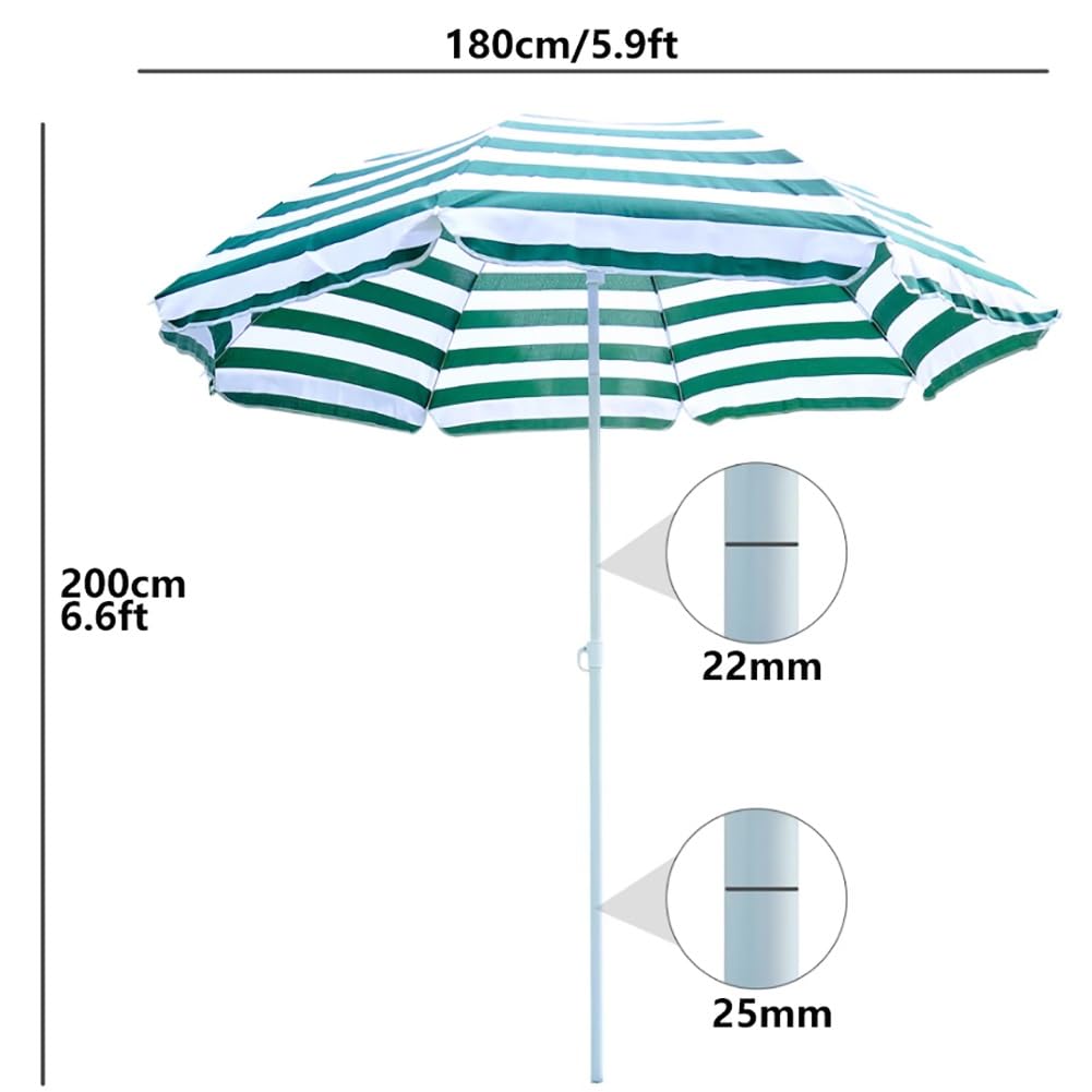 200 cm Strandschirm neigbarer, tragbarer, grün gestreifter Sonnenschirm, rund Gartenschirm mit Sonnenschutz UPF 50+ für Picknick und Camping