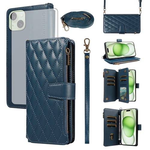 Coque iPhone 15 Plus protection intégrale verre trempé et étui portefeuille zippé