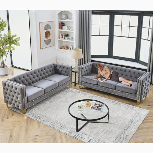 TERIOYARKI 2 Piece Grey 81' 3-Seater Velvet Sofa Set,...