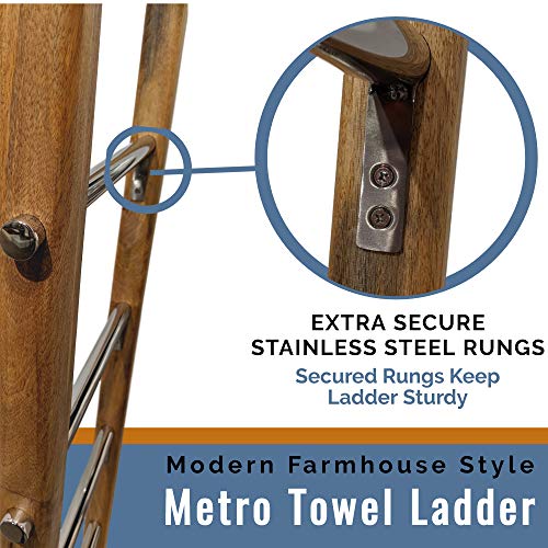 Towel Ladder for Bathroom in Modern Farmhouse Style | Handcrafted 5 ft Wooden Ladder with Stainless Steel Metal Rungs | Use as Blanket Rack - Quilt Ladder - Decorative Leaning Ladder