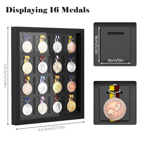 Image of 16 Medals 3D Large Medal Display Case, 19x17.5 Inch Medals Display Case Shadow Box Frame with 98% UV Protection Glass Cover for Runners Marathon Triathlon Soccer Gymnastics All Sports