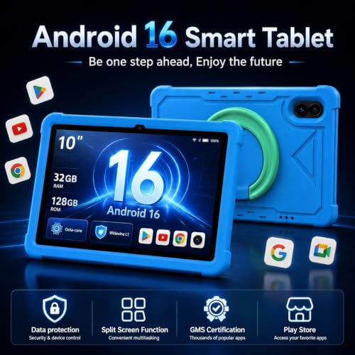 Image of HUIHUANG Tablet 10 Inch Android 16 Tablet, 32GB RAM 128GB ROM, 1TB Expansion, T7280 Octa-Core, Large Capacity Battery, Dual Camera, 5G /2.4G WiFi, Bluetooth 5.0, GPS, Gemini AI, Drop-Proof Case (Blue)