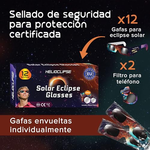 Miniatura 2 de Helioclipse Pack De 12 Gafas De Eclipse Solar Homologadas Para Ver Eclipse 2026, Gafas Eclipse Solar Homologadas Iso 12312-2, Certificadas Ce, Solar Eclipse Glasses, Eclipse Glasses Seguras