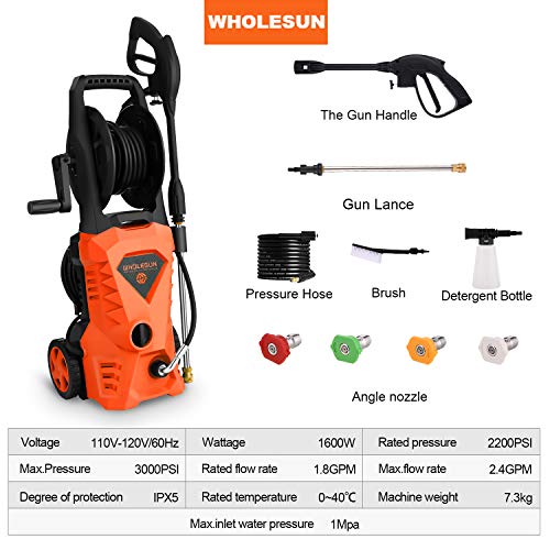 WHOLESUN 3000PSI Electric Pressure Washer 2.4GPM Power Washer 1600W High Pressure Cleaner Machine with 4 Nozzles Foam Cannon,Best for Cleaning Homes, Cars, Driveways, Patios (Organe)