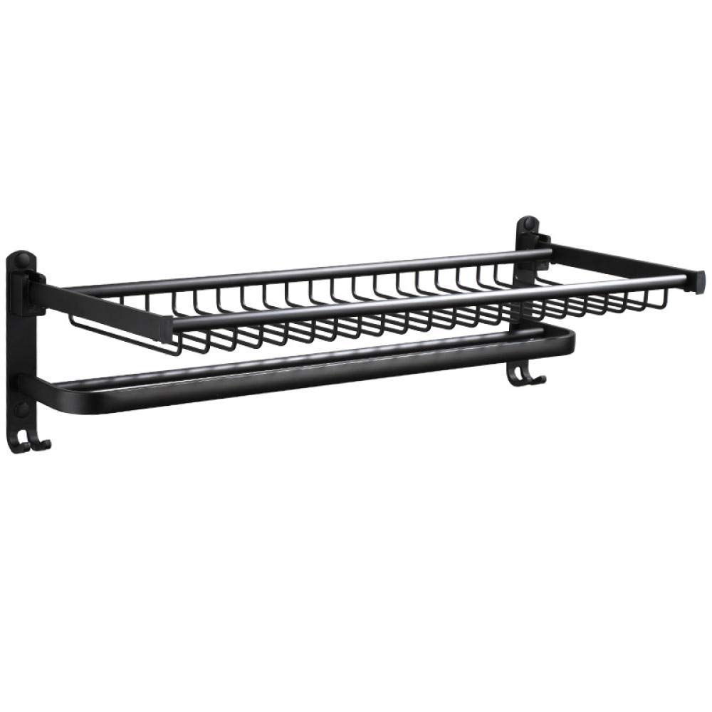 Toallero de baño negro de 50 cm en aluminio con estante doble y ganchos