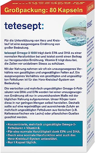 tetesept Omega-3 1000 - Seefisch- und Lachsöl Kapseln – Hochdosierte Omega 3 Fettsäuren DHA, EPA & Vitamin E - Nahrungsergänzungsmittel zur Unterstützung des Herz-Kreislauf-Systems – 1 x 80 Stück