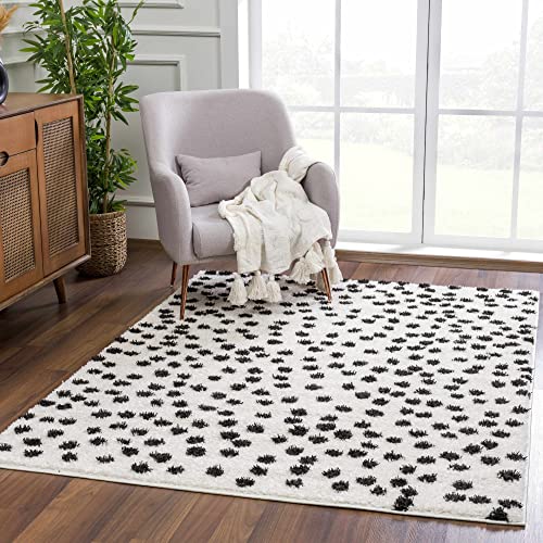Image of Hauteloom Tilos Dalmatian Living Room Bedroom Nursery Shag Area Rug - Shaggy Carpet - Dot Pattern - High Plush Pile - Black, White - 5'3" x 7'
