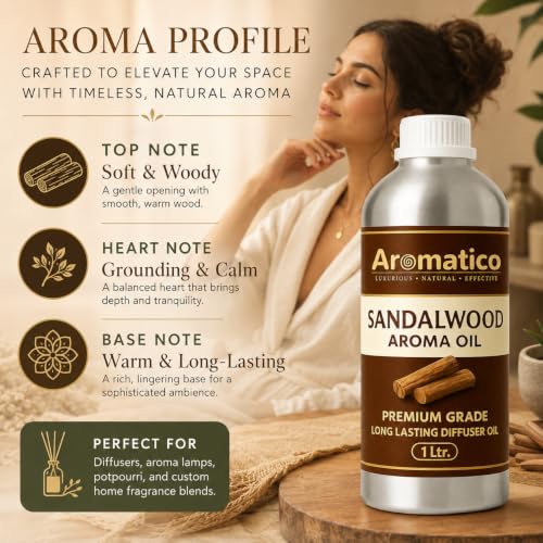 Image of AROMATICO Sandalwood Diffuser Oil with Strong, Long-Lasting Aroma. Woody, Spiritual Aroma Oil for Homes, Offices & Showrooms. Aromatherapy, Diffusers, Air Purifiers, Vaporizers - 1 L (1000 ml)