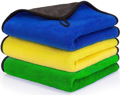 Image of Porslin Pack of 3 Super Absorbent Microfiber Cleaning Cloths 500 GSM | Extra Thick Silk Banded Edge Towels | Scratch-Free Lint-Free Car Bike Auto Interior & Exterior Cleaning (40x40 cm)
