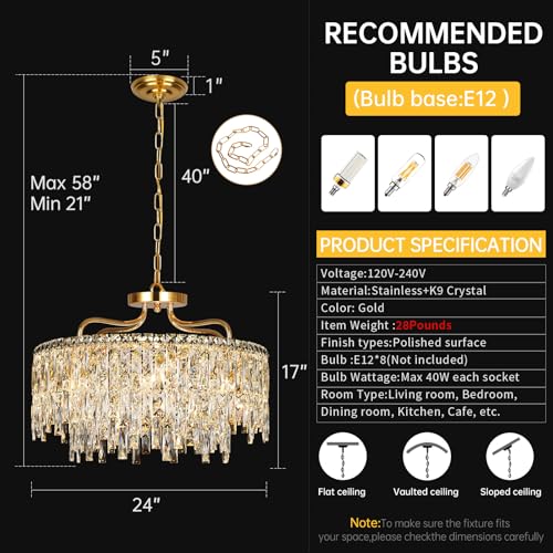Image of 24 inch 8 Lights Gold Crystal Chandeliers for Dining Room Light Fixture