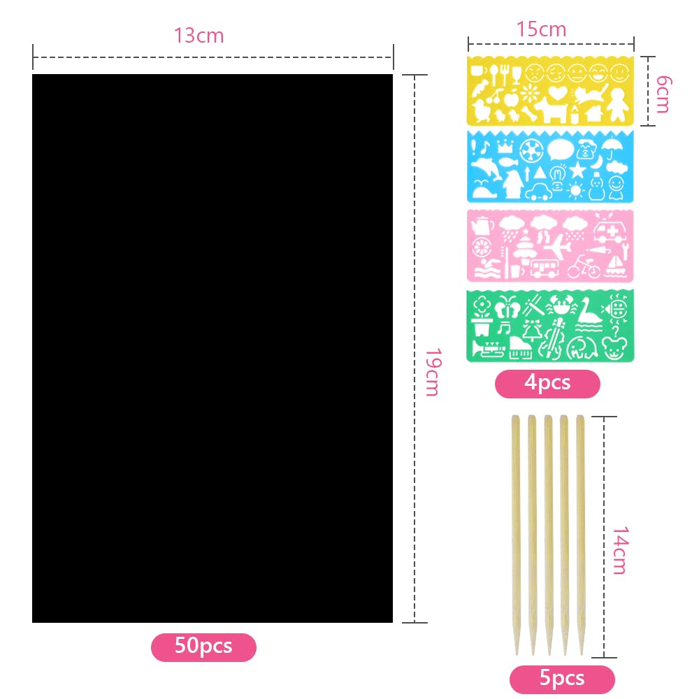 Vicloon Scratch Art, 50Pcs Scratch Art Paper per Bambini, Blocco da Disegno Arcobaleno Paper Set, Arcobaleno da Grattare Regali per Bambini con 5 Stilo in Legno e 4 Righelli Modello
