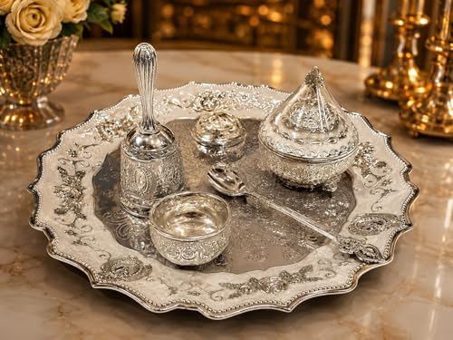 Image of Regal Silver-Plated Decorative Serving Tray for Weddings & Festive Hosting / /Heritage Luxe Embossed Display Platter for Elegant Table Styling
