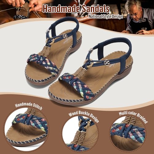 Image of Littleplum Women Sandals Arch Support Handmade Bohemian Braided Flat Sandals Comfort Walking Beach Ankle Elastic Summer Shoes