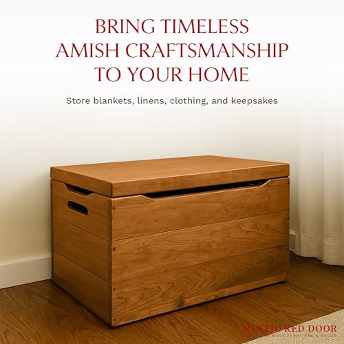 Image of Amish Made Wooden Storage Chest Trunk Box with Lid and Handles for Bedroom, Blanket, Clothes, Anti-Slam Hinges, Handmade, Rustic Cherry Wood, Fruitwood Stain, 42 inch