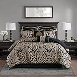 Madison Park Queen Comforter Set Damask Medallion Jacquard Comforters Queen Size Bed, Overfilled All Season Queen Bed Set, Bed Skirt, Shams, Decor Pillows, Odette, Queen(90 in x 90 in), Black 8 Piece