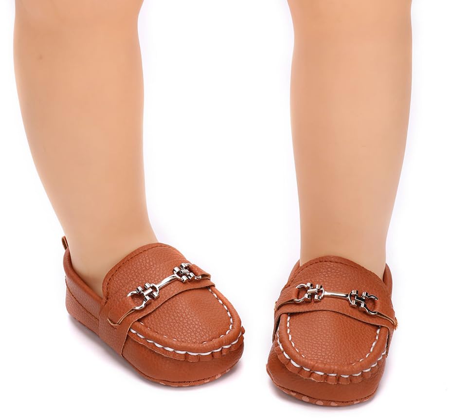 HAPEKEY Baby's First Faux Leather Loafers - Soft-Sole Non-Slip Dress Shoes for Weddings & Baptism (0-18Months, Unisex) D001 Brown 13