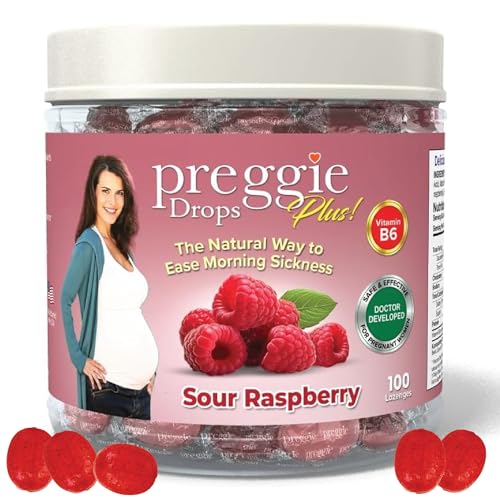 Image of Three Lollies Preggie Drops Plus Pregnancy Nausea Relief Drops with 10 mg Vitamin B6 and Essential Oils, Morning Sickness and Queasy Stomach Support for Pregnant Women, Sour Raspberry, 100 Count