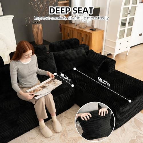 Image of 134 inch Boneless Couch for Living Room, Oversized U Shaped Modular Cloud Sofa with Deep Seat, 6 Seater Convertible Memory Foam Couches, No Assembly Plush Corduroy Sofa (Black)