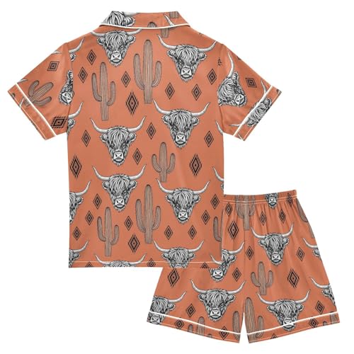 Satin Pajama Sets Short Sleeve Western Cow Cactus Pattern Button Down Silky Nightwear 2 Piece PJS 5-14Y2
