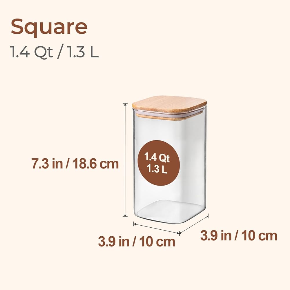 ComSaf 3300ml Square Glass Jars With Bamboo Lids, Large Glass Storage