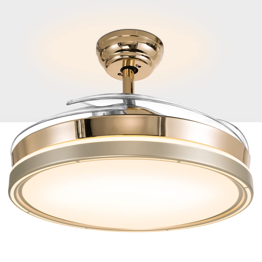 BAKAJI Ventilatore Lampadario da Soffitto Ø106cm in Acciaio e 4 Pale in ABS richiudibili a scomparsa, Plafoniera 36W LED cambio colore, 3 Velocità e Inversione Rotazione, Timer e Telecomando (Bronzo)