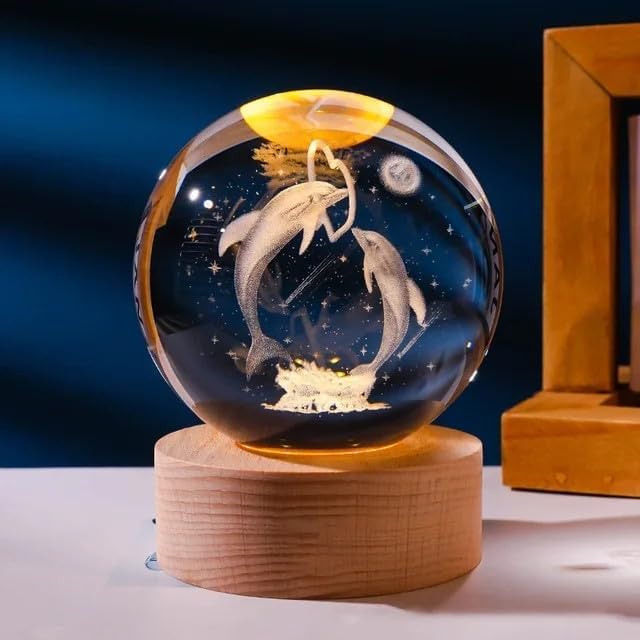 Image of 3D Crystal Ball LED Night Lamp with Wooden Base | Warm Light Bedside Table Lamp for Bedroom, Living Room, Kids Room, Study, Home Decoration & Gifting (Dolphine Heart)