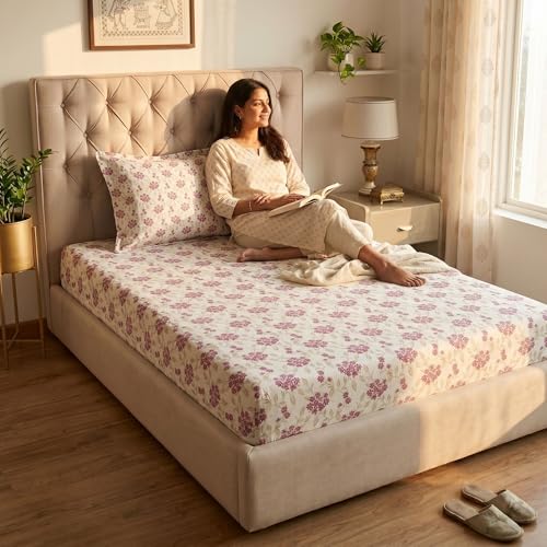 Image of Mafatlal 186 TC Grace Cotton Bedsheet for Single Bed | 90 x 60 Inch | Soft, Breathable & Durable Pure Cotton Fabric | Includes Pillow Cover | Rose Pink