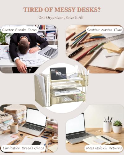 Image of WALI Desk File Organizer, 4 Tier Desktop Paper Letter Tray Organizer with Drawer and 2 Pen Holders, Office Desk Accessories & Workspace Organizers for Office, Home, School Supplies, 1 Pack, Gold